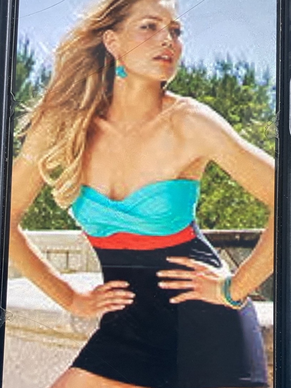 Athena Teal, Red & Black Strapless Colorblock Romper